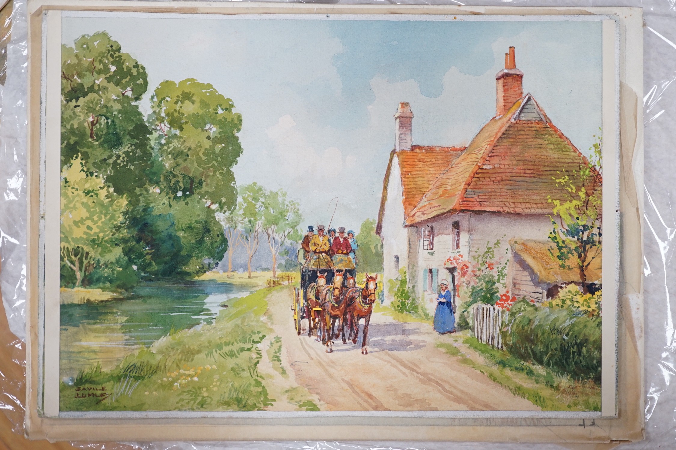 Savile Lumley (1876–1960), four watercolour greeting card designs, Three coaching scenes and Kentish snow scene, signed, 26 x 35cm, unframed